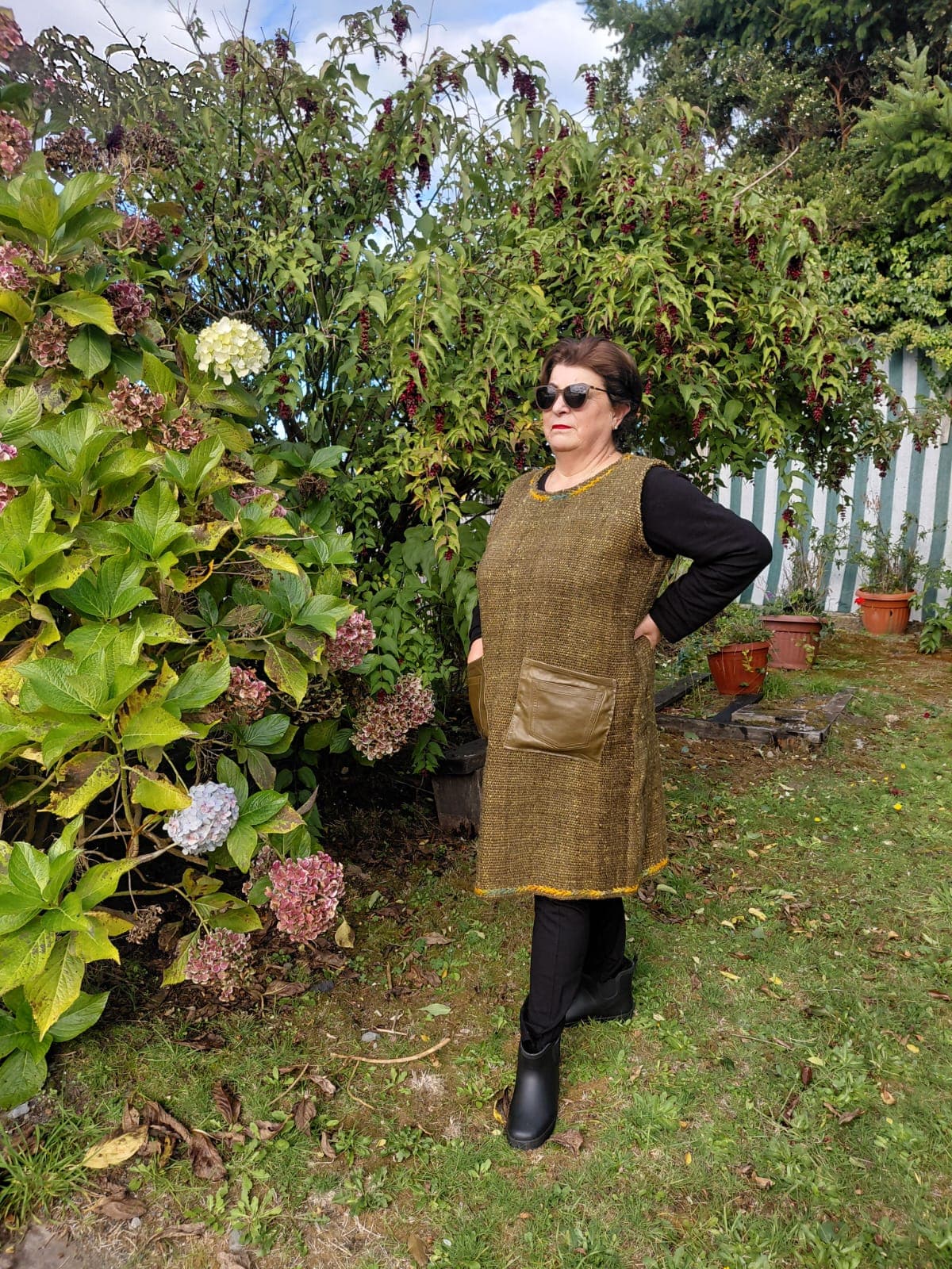 Sleeveless Mustard Dress with Leather Pockets